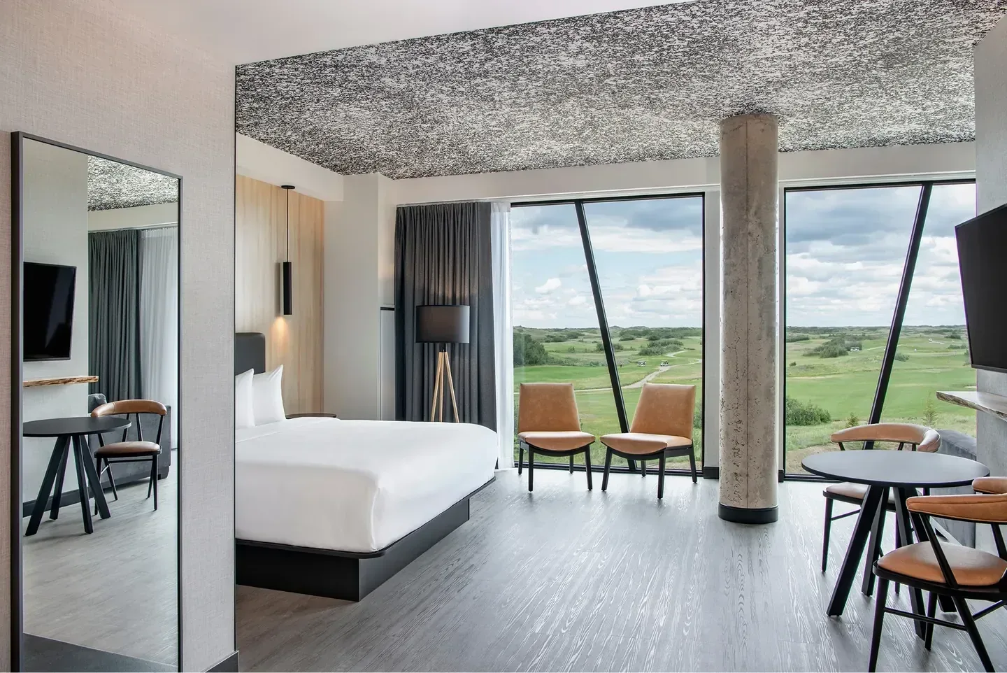 A Dakota Dunes Resort room in Whitecap, Saskatchewan, with floor-to-ceiling windows over open prairie and a golf course