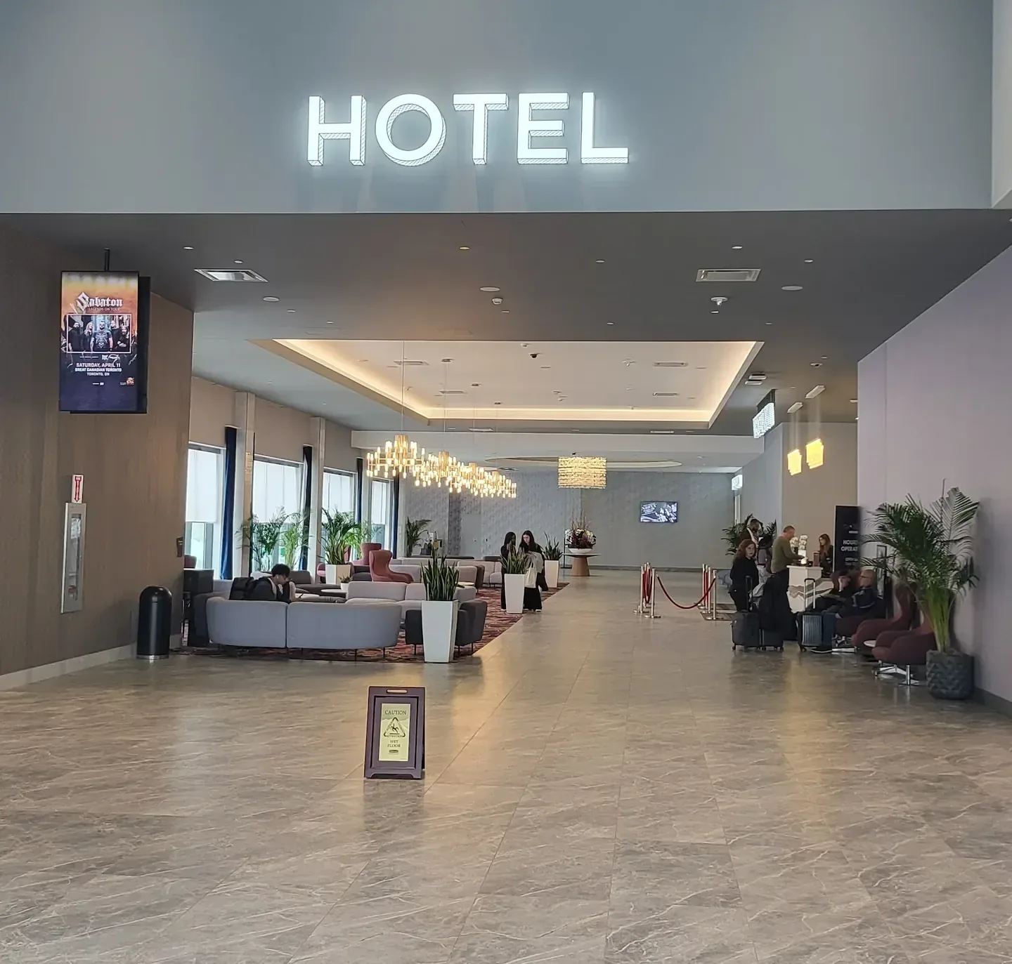 The hotel lobby at the Hotel at Great Canadian Casino Resort Toronto, with seating and reception