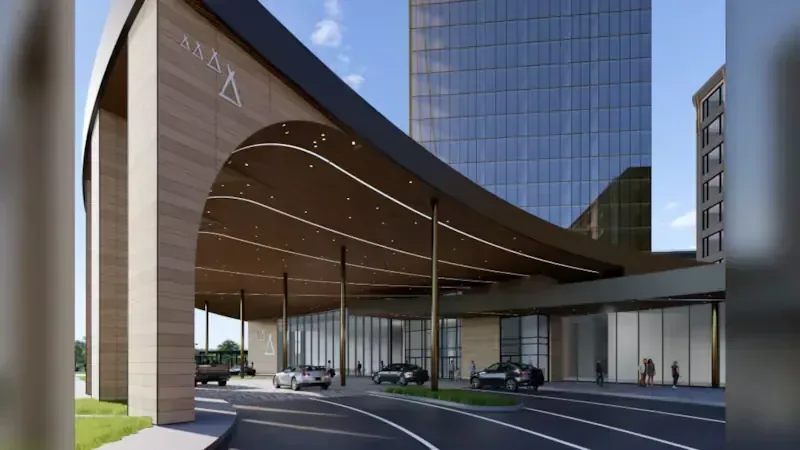 Rendered view of the River Cree Resort & Casino entrance and tower in Enoch, Alberta